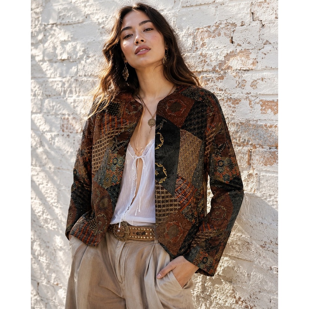 Vintage Brown Velvet Brocade Patchwork Open Front Jacket Boho Art To Wear L